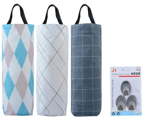 Plastic Bag Holder Sulimy Dispensers Folding Garbage Bags 3pcs Hanging Storage Bag Cotton Linen Fabric Trash bags Holder Organizer Recycling Grocery Pocket Containers with 3 Hooks (Multicolor 2)