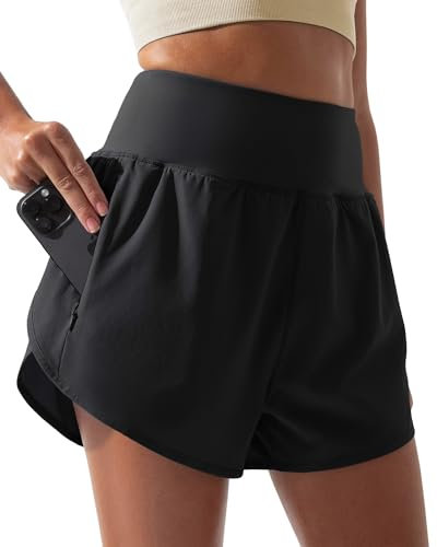 BebreezChic Sporthose Kurz Damen Shorts Sport Damen Sommer Running Gym Yoga 2 in 1 Schnell Trocknend Fitness Shorts Jogging Training High Waist Atmungsaktiv, Schwarz, S