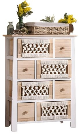 Dekoleidenschaft Kommode Makramee aus Holz & Textil, 56 x 77 cm, 8 Schubladen, Schubladenkommode Boho Chic, Holzkommode, Schubladenschrank, Flurkommode, Nachtkommode, Nacht-Schränkchen, Flurschrank