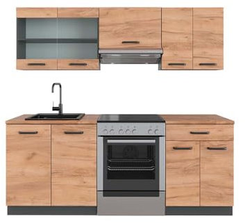 Vicco Küchenzeile R-Line, Küchenblock, Goldkraft Eiche/Anthrazit, 200 cm, AP Eiche