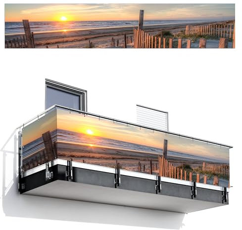 MuchoWow© Balkon Sichtschutz Einseitig 100x500 cm Groß PVC Kunststoff Garten Windschutz ohne Bohren Wetterfest Sichtschutzzaun Terrasse Balkonverkleidung Deko Strand - Sonnenuntergang - Dünen