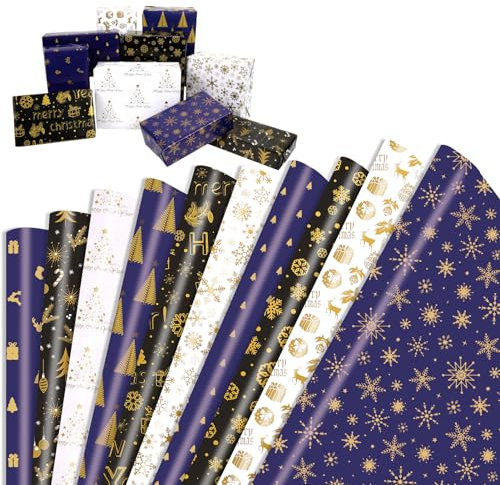 HOWAF Geschenkpapier Weihnachten Set, 70x50cm, 10 x Groß Blatt Weihnachtsgeschenkpapier Kinder Schwarz Weiß Blau Gold Packpapier