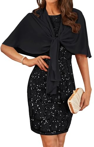 Midi Hochzeitsgastkleid Mutter der Braut Kleid Sexy Vintage Solid Farbe Ausgehen Paillettenkleid mit Chiffon-Schal Schwarz 46