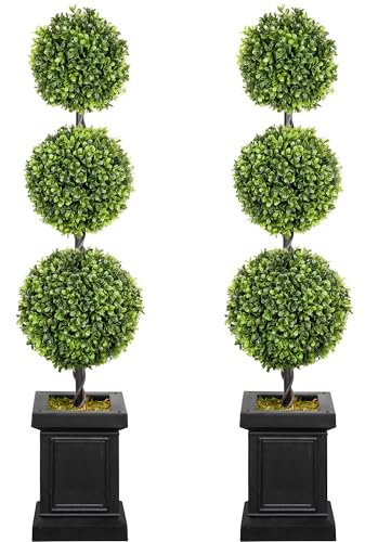 colorspec 107cm/ 3.5ft Boxwood Outdoor Topiary Set of 2, Tall All Year Green Fake Plant Topiary Trees Artificial Outdoor Porch Trees with Sturdy Pot for Outdoor Indoor (Ball)