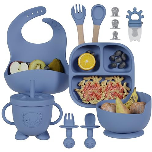 VELAZQUILLA: Vajilla Bebe - Set Completo con Plato Bebe Ventosa, Vasito y Cuchara - Vajilla Bebe Silicona para Comer Sin Derrames - Ideal para Vajilla Infantil y Bebés en Crecimiento (Azul)