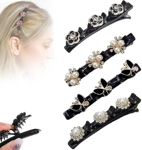 Pince à Cheveux Tressée en Pierre de Cristal étincelante pour Femmes et Filles, Pince à cheveux tressée pour fille, faciles à tresser, antidérapantes, élégantes et brillantes (4PCS-B)