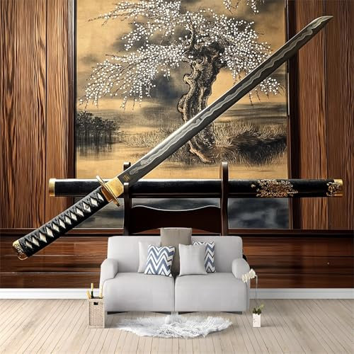 Papier Peint Photo INTISSÉ 350 x 256 cm Poster Épée De Samouraï De Dessin Animé Japonais Géant Affiche Décoration, Papier Peint Brun Décoration Murale Salon Chambre á Coucherr