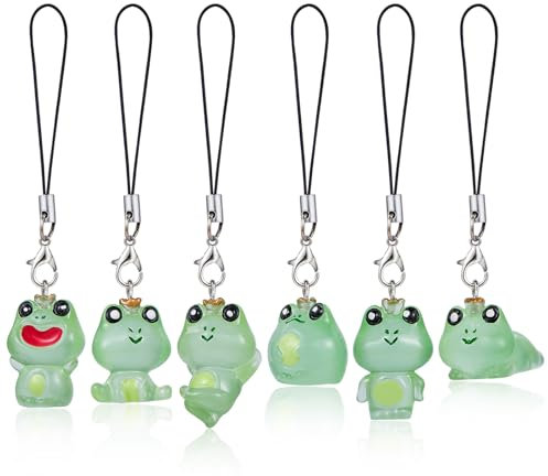 BEEFLYING 6 STK. Handy Anhänger Ästhetik Y2K Niedliche Leuchtende Harz Frosch Anhänger Bänder Handy Anhänger Zubehör für Tasche Schlüsselanhänger Kamera Geldbörse