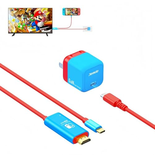 JEMDO USB-C to HDMI Cable & 33W GaN Charger for Nintendo Switch/Switch OLED,Portable Dock Replacement, 4K/30Hz TV Adapter with PD 100W Fast Charging, Compact Foldable Plug, Travel-Friendly Gaming Set