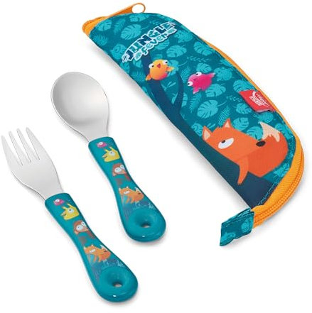 Maped - Couverts Enfant avec Étui Jungle Fever - Cuillère et Fourchette Ergonomiques - Prise en Main Facile - Passe au Lave-Vaisselle - Étui Lavable