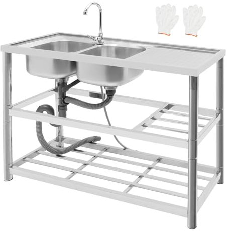 Mueble Fregadero Exterior Jardin 120x45x80cm Fregadero Camping Fregadero Comercial de Acero Inoxidable Fregadero de Exterior 100kg de Capacidad de Carga Fregadero Independiente Cocina Fregadero Garaje