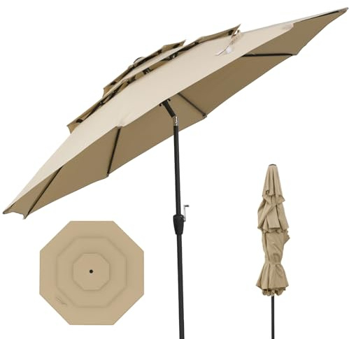GOPLUS Parasol de Jardin Exterieur à 3 Niveaux, 3M Parasol de Blacon Inclinable 30°, avec Toit Ventilé Anti-vent, Manivelle, Protection Solaire, pour Terrasse Cour Piscine (Beige)