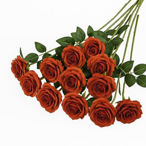 10 Pcs Artificial Roses, Orange Fake Roses Artificial Flowers, with Stems Fake Artificial Orange Roses Silk Flowers, for Home Garden Party Hotel Office Decor