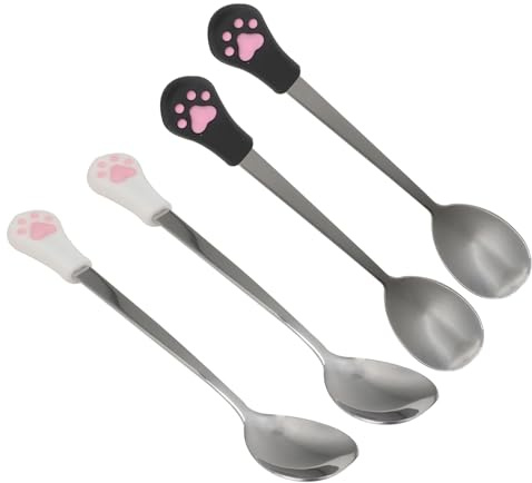 Mobestech 4 Stück Edelstahl Pet Food Löffel mit Silikongriff Rostfrei Hitzebeständig Leicht zu Reinigen für Hunde und Katzen Langlebiger Futter Dosenlöffel
