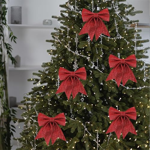Weihnachtsschleifen, 5 Stück Glitzer Schleifen Weihnachtsbaum, Bogen Weihnachtsbaumschmuck Deko für Festival Party Baumkranz Dekorationen Hochzeit (Rot)