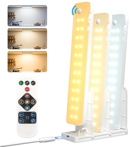 Under Cabinet Kitchen Lights Wardrobe lights Motion Sensor, Rechargeable Cabinet Light with Charging Station, LED Cupboard lighting, Dimmable & 3 Colors, Under Counter Light for Stairs Closet, 3 Pcs