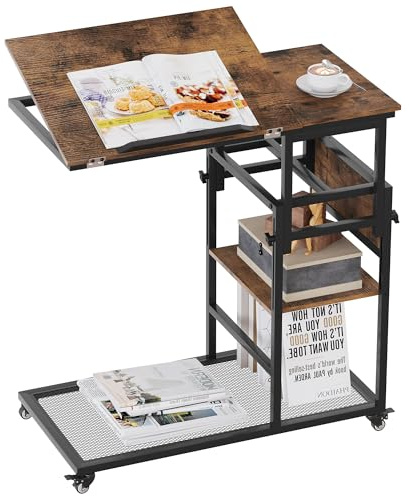 TQVAI Beistelltisch mit Rollen Tisch Höhenverstellbarer Schreibtisch Multifunktionstisch C Form Beistelltisch Vintage Möbel für Wohnzimmer, Schlafzimmer, Sofa, Bett & Lesestunden, Schwarz/Antik