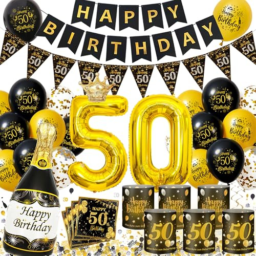 Tasoraor Deko 50 Geburtstag Mann Frau - 50. Geburtstagsdeko Luftballons Girlande und Windlicht Tischdeko, Folienballon Konfetti Servietten für 50 Geburtstagsfeier Dekoration