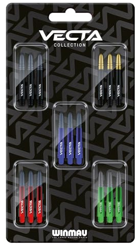 WINMAU - Vecta Dart-Schaftkollektion - Dartschäfte Multipack 5 Satz pro Packung (15 Stück) - Medium Dartschaft - Professionelles Dartzubehör - Enthält Schwarz, Blau, Rot, Grün und Schwarz & Gold