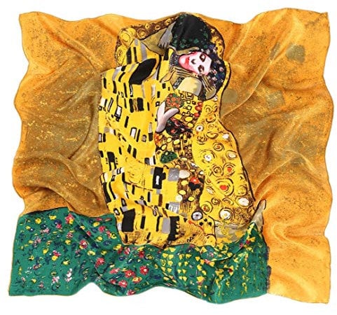 Prettystern Damen 90cm quadratisch großes Seidentuch Kunstdruck von Malerei Gustav Klimt - Der Kuss/Braun P582