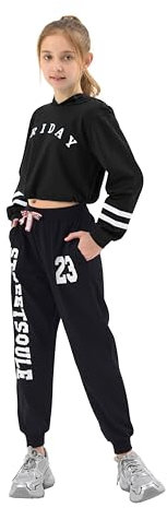 LOLANTA Ragazze Moderne Jazz Dance Outfit, Felpa con Cappuccio per Bambini, Pantaloni Hip Hop da Jogger(Nero, 11-12 anni, 160)