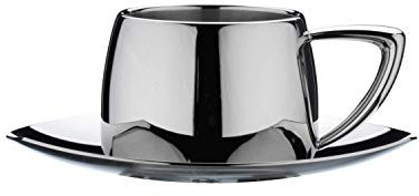 Café Stal DC-508 Art Deco 18/10 Stainless Steel Espresso Cup & Saucer with Cool Touch Hollow Handles, Mirror Polished, Silver