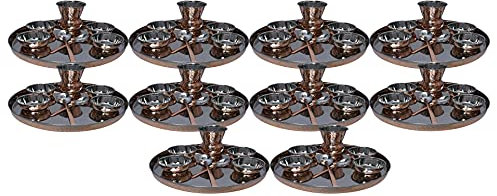 PARIJAT HANDICRAFT Pack of 10 Set Indian Dinnerware Stainless Steel Copper Traditional Dinner Set Of Thali Plate, Bowls, Glass And Spoon, Diameter 12 Inch