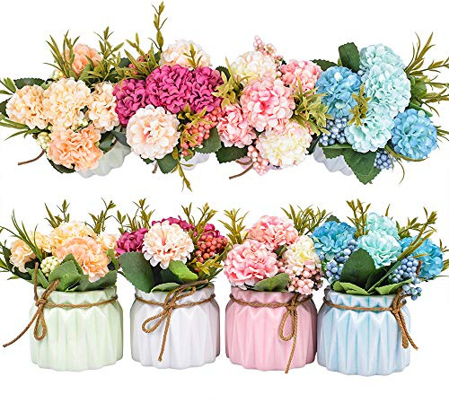 Künstliche Blumenpflanzen, Mini-Hortensien im Topf für Heimdekoration, Party, Hochzeit, Büro, Terrasse, Tisch, Schreibtisch, Dekoration, 4 Stück, Größe: 8,4 cm (Durchmesser) x 14 cm (Höhe)
