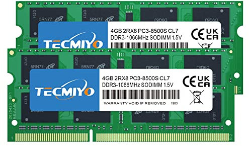 TECMIYO PC3 8500 8GB Kit (2x4GB) DDR3 1066MHz RAM CL7 204-Pin Non-ECC Sodimm Laptop Memory Upgrade for iMac 20 inch /21.5 inch/24 inch /27 inch, MacBook Pro 13 inch/ 15 inch/ 17 inch