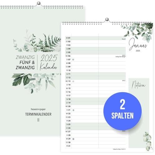 heaven+paper Kalender 2025 Wandkalender 2 Spalten – Paarkalender im natürlichen Eukalyptus Design Single Kalender 2025 für zwei zum aufhängen mit Blumen – Made in Germany (Green, 2 Spalten)