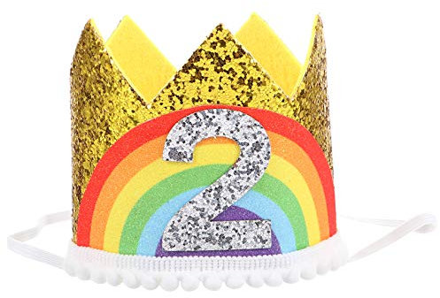 Amosfun 2. Geburtstag Krone Baby Regenbogen Muster Geburtstagshut mit Pailletten Mädchen Geburtstagskrone Ideal 1.Geburtstag Geschenk Geburtstagsdeko