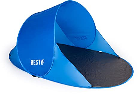 BESTIF Strandmuschel Pop Up Wurfzelt groß | Selbstaufbauend Strandzelt Tragetasche Sonnenschutz Windschutz 190x86x120cm (Blau)