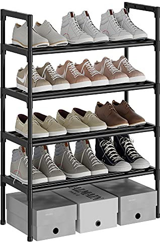 AcornFort® S-532 4 Ebenen Stöckiges Schwarz Verstellbare Schuhablagen Schuhaufbewahrung Hohes Schuhregal Organizer Regal Halteständer für 12 Paar Schuhe, 56 x 30 x 85 cm,Extra Robuste Bauweise