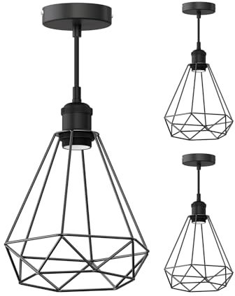 ledscom.de 3 Stück Vintage Pendelleuchte RETRA, schwarz, E27 Fassung, Käfig-Schirm