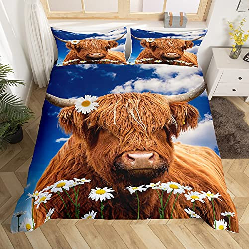Loussiesd Hochlandkuh Bettbezug Set Daisy Bettwäsche Set 155x220cm für Kinder Jungen Mädchen Lustige Dekor Stier Rinder Blumenbetten Set Tierwelt Bauernhaus Tier 2St Reißverschluss