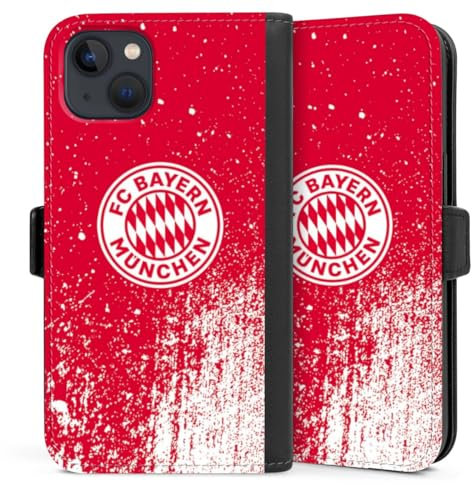Klapphülle kompatibel mit Apple iPhone 13 Handyhülle aus Kunst Leder schwarz Flip Case FC Bayern München Offizielles Lizenzprodukt FCB