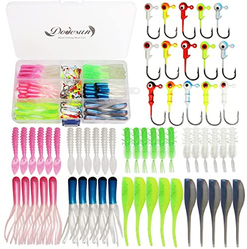 Dovesun 110Stück Angelköder mit Jig-Köpfe Häkchen Weichplastik Maifisch-Essen-Rohre Schwimmköder 80Pcs 0.8 1.75 3g 30Pcs Angeln Jig Angelköder Set für Salzwasser-Süßwasserfischen
