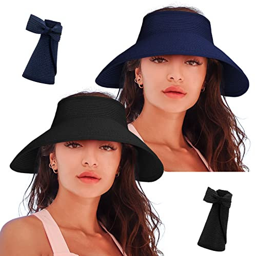 Lot de 2 chapeaux de paille pour femme - Pliables - Pour la plage, noir/bleu marine, 6 3/4/6 7/8