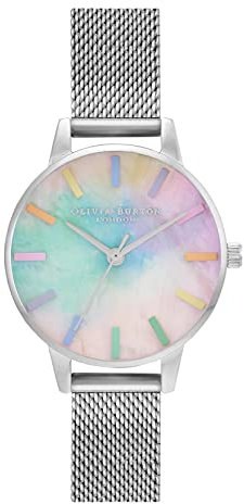 Olivia Burton Analog Quarzuhr für Damen Kollektion Rainbow mit Silbernes Edelstahl-Mesh-Gliederarmband - OB16RB26