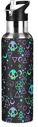 Bouteille d'eau isotherme en acier inoxydable avec paille, motif crânes magiques pour enfants et adultes, étanche, 600 ml