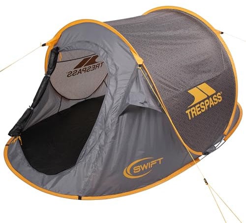 Trespass Unisex Tent Swift - 2 Man Pop Up Waterproof Patterned Tent, Full Mosquito Net Door, Fire Retardant ISO6940, Includes Carry Bag, Pegs, Guy Ropes, Camping Hiking
