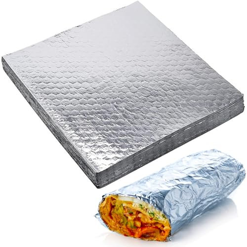 ANGEL’S PEEL LOUNGE Heavy Duty Aluminum Foil Sheets — Precut Tinfoil Wraps For Burritos, Sandwiches, Burgers, Hot Dogs, Grease-Resistant, Heat Insulating Wrapping Paper, 10.75inx14in 100-PCS