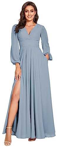 vintys Women's V-Neck Bridesmaid Dresses with Long Sleeves Split Pleats Chiffon Formal Evening Party Dress for Wedding VT001, Dusty Blue, 22 Plus