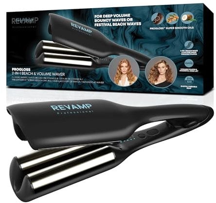 REVAMP 2 en 1 Beach & Volume Waver – Rizador de pelo para ondas con plancha profesional, cerámica y aceites Progloss, estilo con volumen u ondas suaves tipo playa para cabello corto, medio y largo