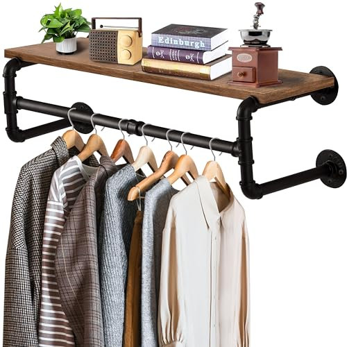 Yawinhe Tringle à Vêtement Industriel avec Étagère, Porte Manteau Mural, Amovible et Multifonction, pour Salon, Chambre, 70x25x26cm, ZWJ70R