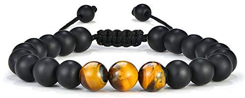 TINGN Herren Armband, Natürliches Tigerauge Schwarz Matt Achatstein Herren Angst Armband Verstellbares Tigerauge Armband Dankeschön Geschenke für Ihn Vatertags Geschenke für Männer