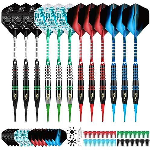 CyeeLife Dartpfeile mit Kunststoffspitze,12 Stück Soft Dartpfeile Set für Elektronische Dartscheibe,mit 16 zusätzlichen Flights,100 Kunststoff Dartspitzen Zum Austauschen,2 Flightprotektor