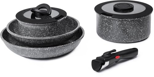 ROSSETTO Lot de 7 casseroles et poêles antiadhésives en aluminium forgé de France avec poignée amovible, empilables, ustensiles de cuisine en céramique pour camping-car, poignée amovible, sans PFOA et