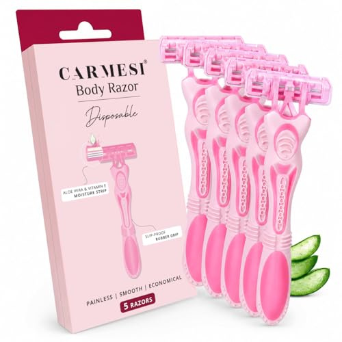 Carmesi Einweg-Körperrasierer für Frauen, 5 Stück, Aloe Vera & Vitamin E Feuchtigkeitsstreifen für glatte und schmerzfreie Haarentfernung, rutschfester Gummigriff, sicher, hygienisch und