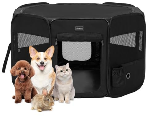 Petsfit Welpenauslauf Tierlaufstall faltbar Welpenlaufstall Pop-Up für Hunde Hasen Katzen,Freilaufgehege mit Zip-Sicherungen, Abnehmbares Ober- und Unterteil,M,Schwarz